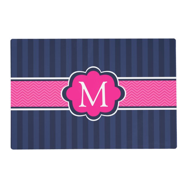 Navy Blue Stripes Hot Pink Custom Monogram Placemat (Front)
