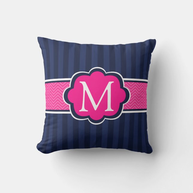Navy Blue Stripes Hot Pink  Custom Monogram Throw Pillow (Front)