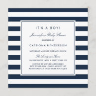 Navy Blue Stripes It's a Boy Baby Shower Invitation