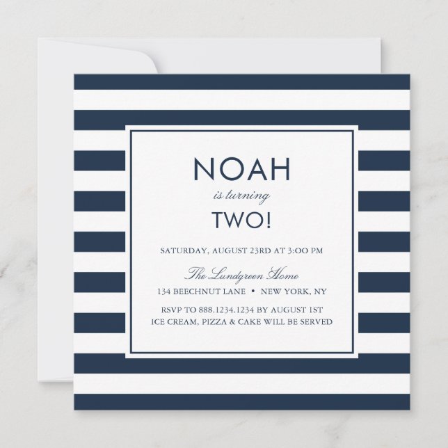 Navy Blue Stripes Kids Birthday Party Invitation (Front)