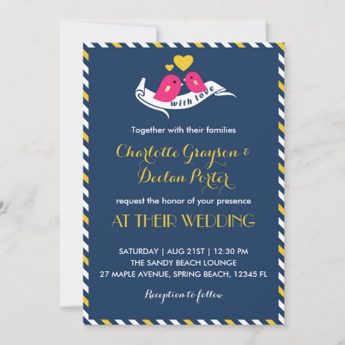 Navy Blue Stripes Love Birds Wedding Invitation