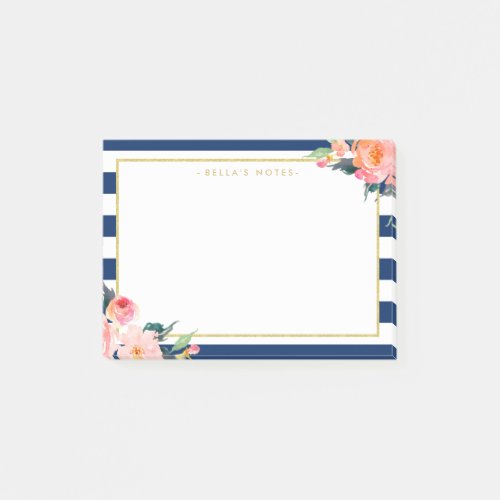 Navy Blue Stripes Modern Flowers Gold Frame Post_it Notes