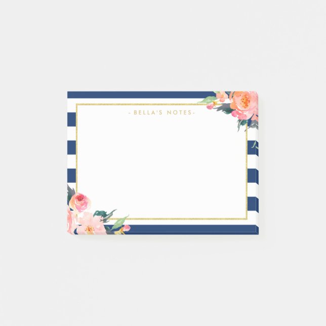 Navy Blue Stripes Modern Flowers Gold Frame Post-it Notes (Front)