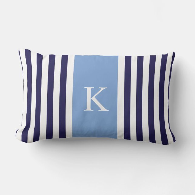 Navy Blue Stripes Monogram Lumbar Pillow (Front)