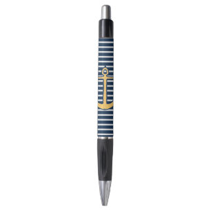 Navy Blue Stripes Nautical Anchor Pen