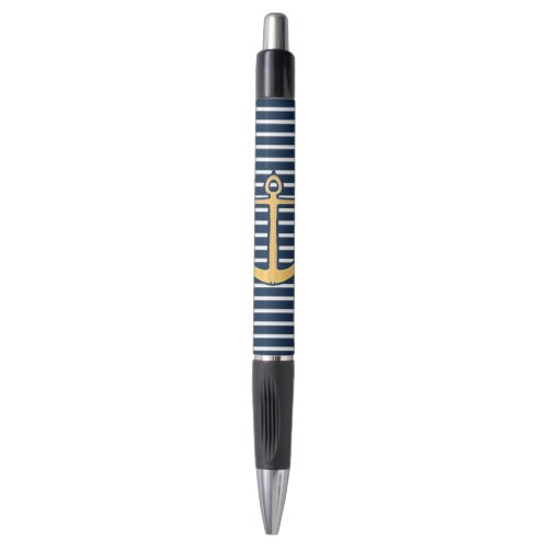 Navy Blue Stripes Nautical Anchor Pen