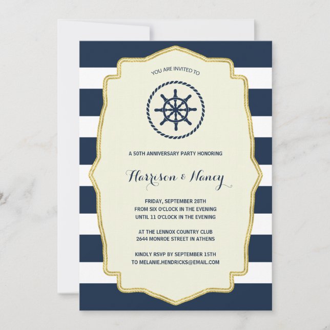 Navy Blue Stripes | Nautical Anniversary Party Invitation (Front)