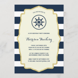 Navy Blue Stripes Nautical Birthday Party Invitation