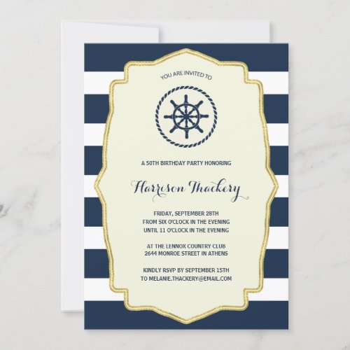 Navy Blue Stripes  Nautical Birthday Party Invitation