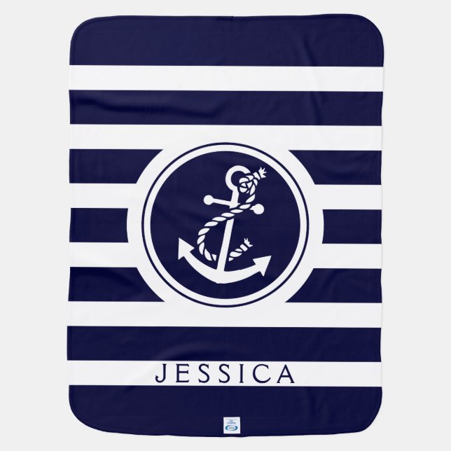 Navy Blue Stripes & Nautical Boat Anchor Receiving Blanket (Back)