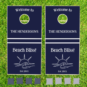 Navy Blue Stripes Nautical Family Beach House Cornhole Set