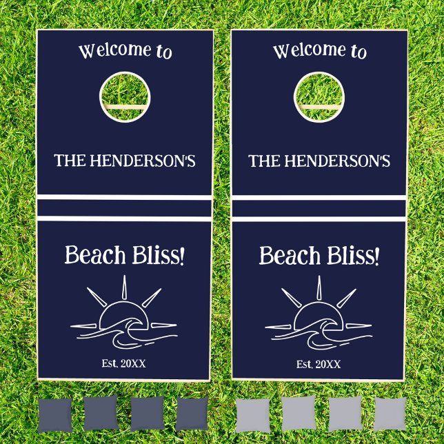 Navy Blue Stripes Nautical Family Beach House Cornhole Set (Creator Uploaded)