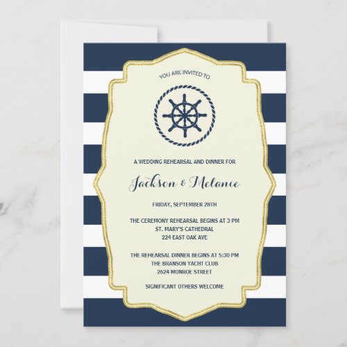 Navy Blue Stripes  Nautical Rehearsal Dinner Invitation