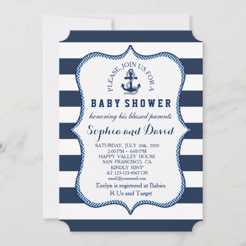 Navy Blue Stripes Nautical Theme BABY SHOWER Invitation