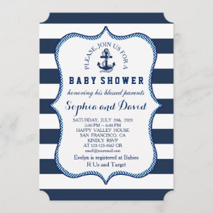 Navy Blue Stripes Nautical Theme BABY SHOWER Invitation