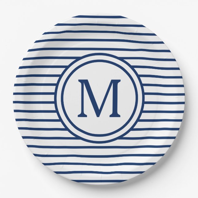 Navy Blue Stripes on White Monogram Paper Plates (Front)