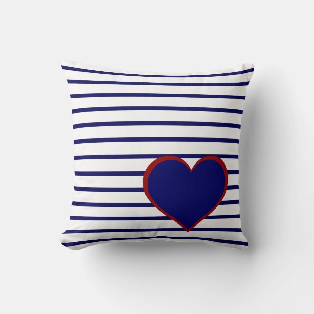 Navy Blue Stripes on White w/ Navy/Red Heart Throw Pillow (Front)