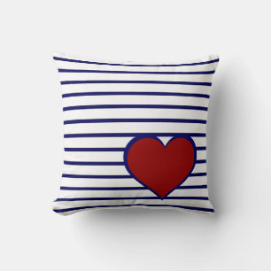 Navy Blue Stripes on White w/ Navy/Red Heart Throw Pillow