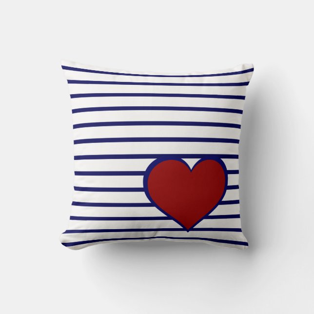 Navy Blue Stripes on White w/ Navy/Red Heart Throw Pillow (Front)