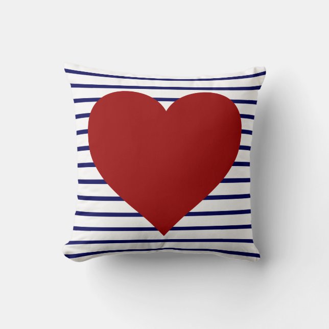 Navy Blue Stripes on White w/ Red Heart Throw Pillow (Front)