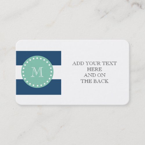 Navy Blue Stripes Pattern, Mint Green Monogram Business Card Templates