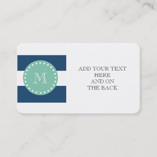 Customizable Navy Blue Stripes Pattern, Mint Green Monogram Business Card Templates