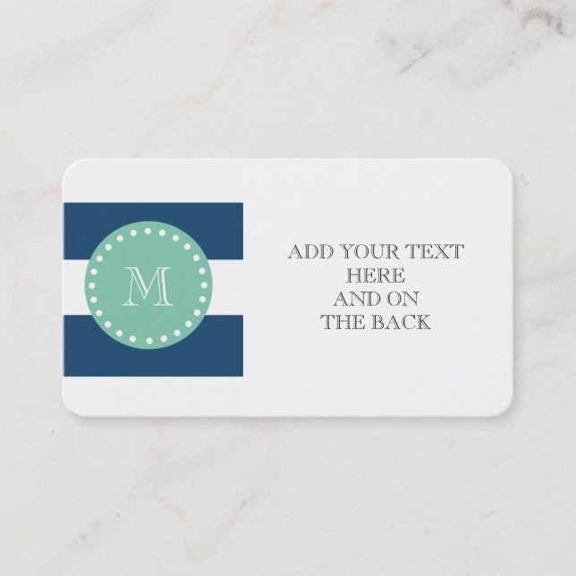Navy Blue Stripes Pattern, Mint Green Monogram Business Card (Front)