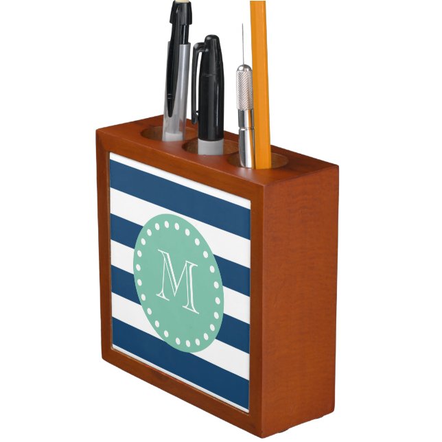 Navy Blue Stripes Pattern, Mint Green Monogram Desk Organizer (In Situ)