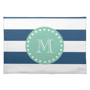 Navy Blue Stripes Pattern, Mint Green Monogram Placemat