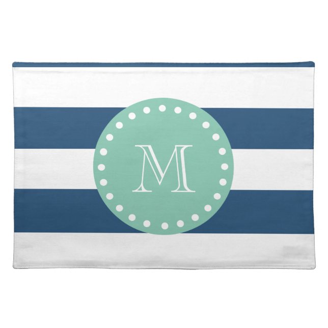 Navy Blue Stripes Pattern, Mint Green Monogram Placemat (Front)
