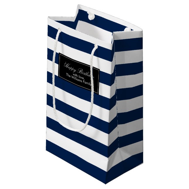 Navy Blue Stripes Pattern Personalized Small Gift Bag (Front Angled)