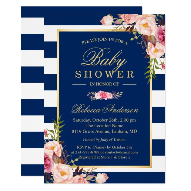Navy Blue Stripes Pink Floral Classy Baby Shower Invitation