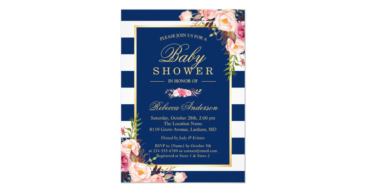 Navy Blue Stripes Pink Floral Classy Baby Shower Invitation