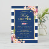 Navy Blue Stripes Pink Floral Classy Baby Shower Invitation (Standing Front)