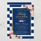 Navy Blue Stripes Pink Floral Classy Baby Shower Invitation (Front/Back)