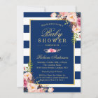 Navy Blue Stripes Pink Floral Classy Baby Shower