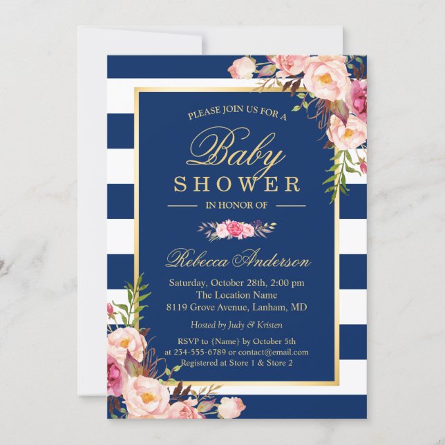 Navy Blue Stripes Pink Floral Classy Baby Shower Invitation (Front)