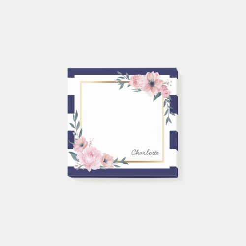 Navy Blue Stripes Pink Floral Custom Name Post_it Notes