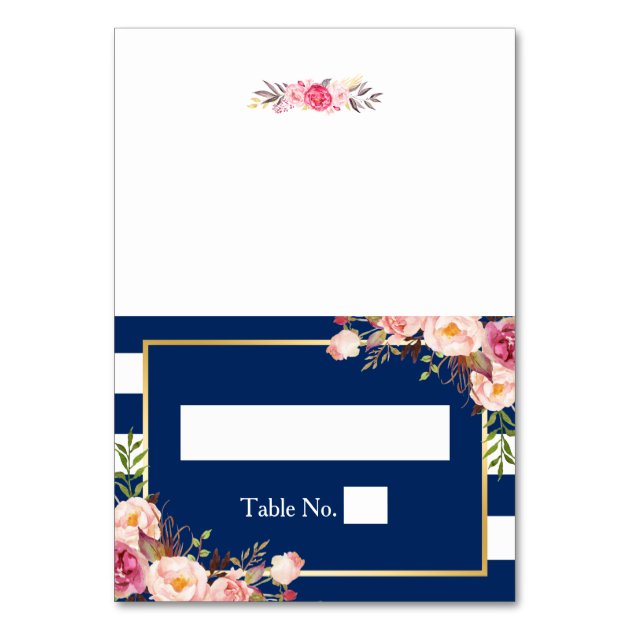 Navy Blue Stripes Pink Floral DIY Wedding Place Card