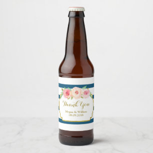 Navy Blue Stripes Pink Floral Gold Beer Label