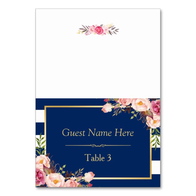 Navy Blue Stripes Pink Floral Wedding Place Card