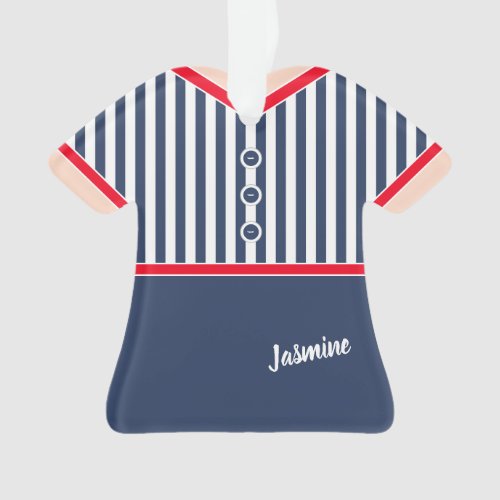 Navy Blue Stripes Red Trim Athletic Tennis Outfit Ornament
