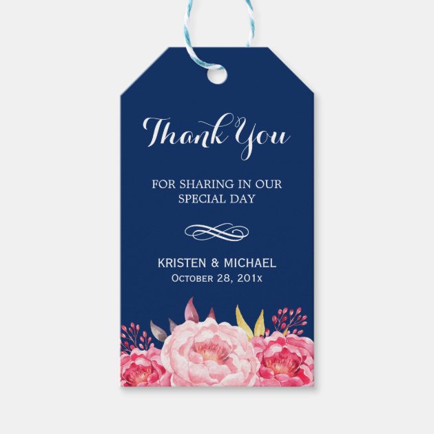 Navy Blue Stripes Romantic Floral Thank You Gift Tags
