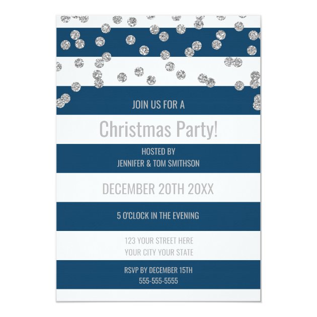 Navy Blue Stripes Silver Confetti Christmas Party Invitation