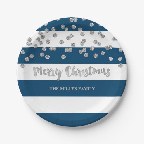 Navy Blue Stripes Silver Confetti Christmas Plates