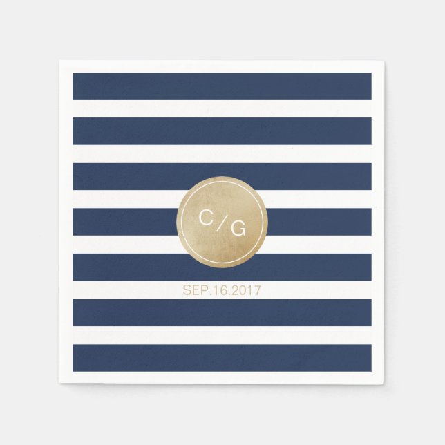 Navy blue stripes simple modern wedding monogram napkins (Front)