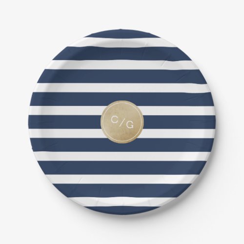 Navy blue stripes simple modern wedding monogram paper plates