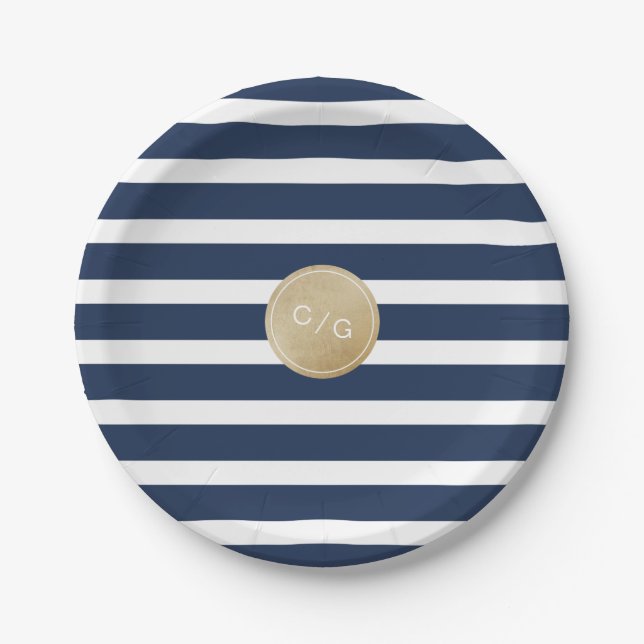 Navy blue stripes simple modern wedding monogram paper plates (Front)