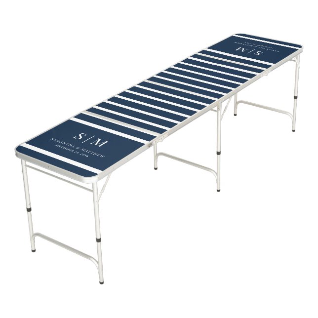 Navy Blue Stripes Simple Monogram Coastal Wedding Beer Pong Table (Angled)