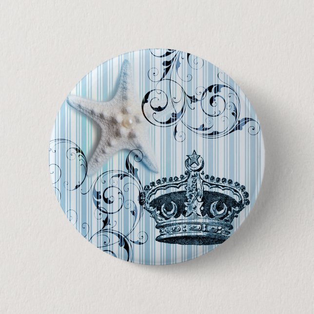 navy blue stripes starfish seashell crown nautical pinback button (Front)